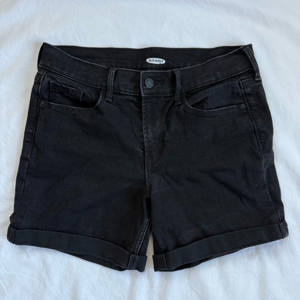 Old Navy Black Denim Jean Shorts Rolled Folded Hem 4 Inch Inseam